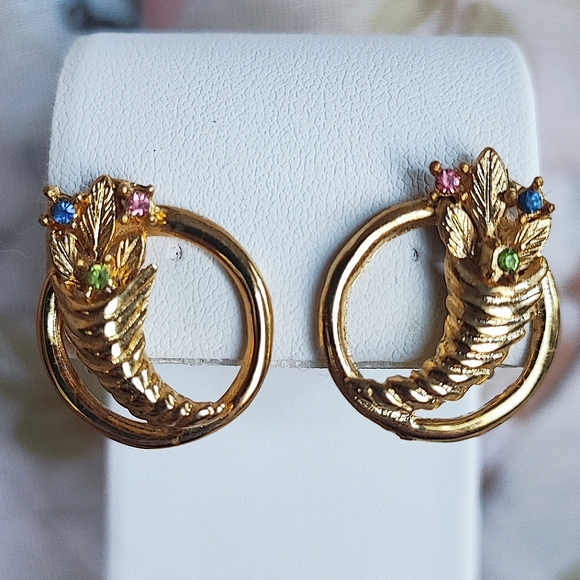 CORNUCOPIA Thanksgiving Vintage Demi Parure Pastel Stone Gold Brooch Earrings - Picture 2 of 7